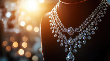 Statement necklace on a velvet bust display with luxury background lighting. Fashion showroom look with copy space.の素材