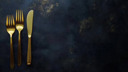 Dark fine dining scene with gold silverware and plated luxurious tasting menu elements. Refined backdrop with copy space.の素材