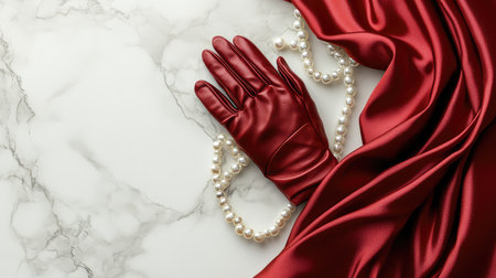Leather gloves and silk scarf arranged with pearls on marble surface. Classic fashion accessory vibe with blank area.の素材