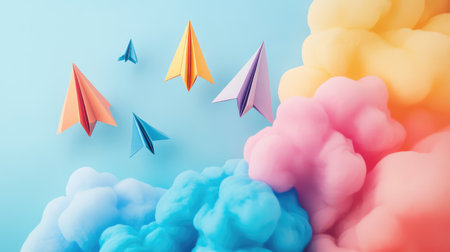 Colorful paper planes soaring in a sky of soft colors, representing the freedom and creativity of imagination, with ample space for copyの素材
