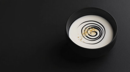 Fine gourmet soup with cream swirl and gold flake garnish in black porcelain bowl. Moody upscale dish with copy space.の素材
