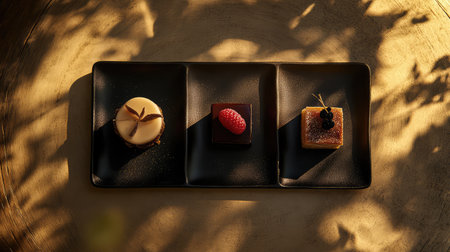 Overhead shot of artistic dessert trio in fine tasting presentation with gold decor and soft light. Elegant space.の素材