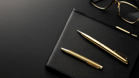 Flat lay of luxury lifestyle accessories gold pen, notebook, glasses on black leather desk. Modern business elite style.の素材