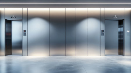Stylish interior of hotel elevator lobby with metallic panels and modern light fixtures. Minimalist elegance with copy space.の素材