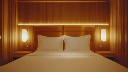 Luxurious hotel bed with white linens, golden headboard, and fluffy pillows under ambient warm lighting. Minimalist setup with space for branding.の素材