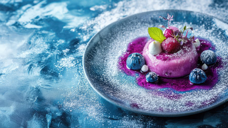 Luxurious fine dining dessert with mirror glaze, plated in artistic style on matte surface. Upscale atmosphere with copy space.の素材