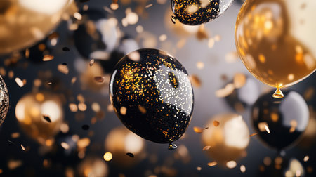 Shiny gold and black balloon decorations floating with confetti, festive yet clean composition for upscale events.の素材
