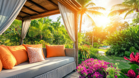 Scenic outdoor lounge area in luxury resort with canopy sofas, tropical garden, and afternoon sunlight. Tranquil setting with open space.の素材