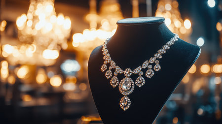 Statement necklace on a velvet bust display with luxury background lighting. Fashion showroom look with copy space.の素材
