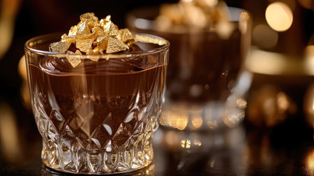 Rich chocolate mousse in a crystal glass topped with edible gold. Dark elegant background with open space.の素材