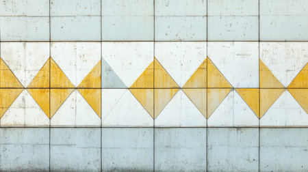Minimal white and gold architectural wall with geometric patterns, ideal as upscale background. Copy space present.の素材