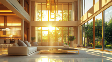 Interior scene of a modern luxury penthouse with large windows, sunlight, and gold fixtures. Copy space in focus, no people.の素材