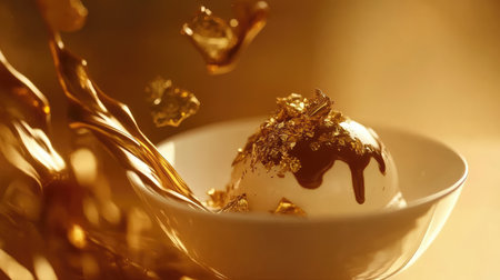 Single dessert dome covered in glossy chocolate and gold foil flakes, on luxury dishware. Elegant simplicity with copy space.の素材