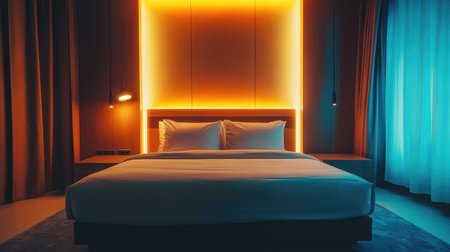 Modern hotel room with smart lighting, muted color palette, and minimalistic interior. Premium stay feel with blank space.の素材