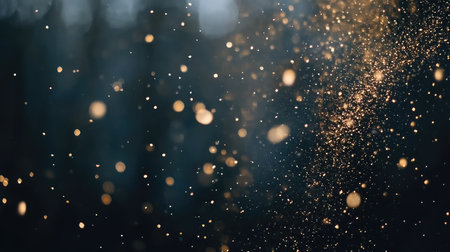 Shimmering gold particles falling gently on a black gradient surface. Sparkling festive scene with ample copy space.の素材