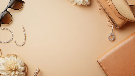 Fashion magazine mockup surrounded by stylish luxury items sunglasses, jewelry, leather bag. Flat lay with space.の素材