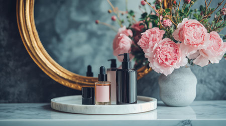 Premium skincare and perfume products displayed on white stone tray with golden mirror behind. Chic lifestyle scene with empty space.の素材