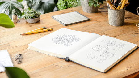 Smooth wooden desk with open notebook, pencil, and scattered design sketches, suggesting creativity with a minimalist background for textの素材