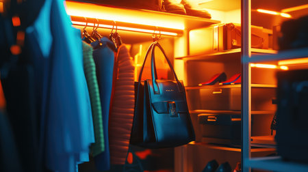 Sunset light streaming into a designer walk-in closet with glass shelving, luxury bags, and shoes on display. Copy space visible.の素材