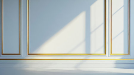 Smooth white wall with golden trim shadow, minimal style and elegance, perfect for luxury scene with copy spaceの素材