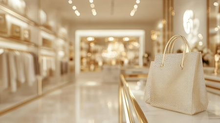 Soft-focus interior of luxury boutique store, golden racks and premium materials on display. Copy space in focus.の素材