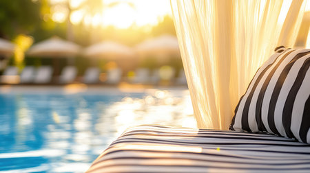 Poolside cabana at luxury hotel with striped cushions and sheer curtains, sunlight peeking through. Summer resort vibe with space.の素材