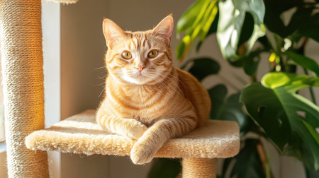 A charming orange tabby cat relaxes on a plush cat tree, basking in warm sunlight while surrounded by vibrant green plants, creating a peaceful home ambiance.の素材