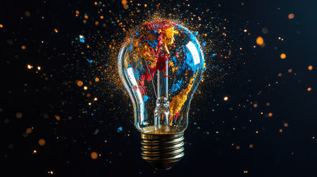 A mesmerizing image of a light bulb filled with a colorful explosion of paint, symbolizing creativity and innovation, perfect for ideas related to inspiration and art.の素材