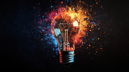 A striking light bulb surrounded by an explosion of vibrant colors, capturing the essence of creativity and innovation against a dark backdrop for compelling artistic imagery.の素材