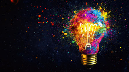 This vibrant image showcases a light bulb surrounded by a colorful explosion, symbolizing creativity and innovative ideas against a dark backdrop, perfect for inspiring visuals.の素材