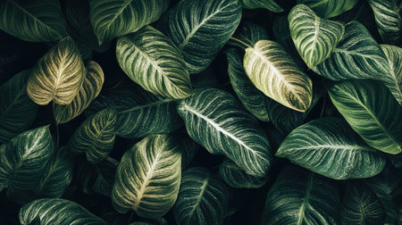 A stunning close-up view of diverse lush green leaves showcasing rich textures, patterns, and shades that create a serene and harmonious natural arrangement perfect for botanical themes.の素材