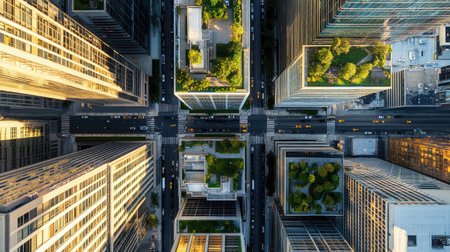 Stunning aerial view capturing a vibrant urban landscape with high-rise buildings and lush green spaces intersected by busy streets, showcasing modern city design and architecture.の素材