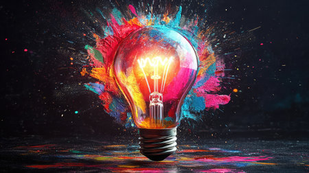 A striking light bulb emits a warm glow while surrounded by splashes of vibrant paint, creating an engaging visual that symbolizes creativity and innovative ideas.の素材