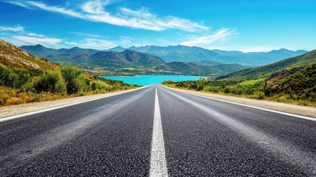 A stunning image of an open road stretching towards a beautiful lake and majestic mountains under a vibrant blue sky, perfect for evoking a sense of adventure and tranquility.の素材