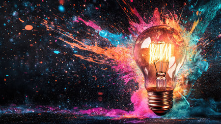 A stunning light bulb is surrounded by a vibrant explosion of colors, representing inspiration and creativity in an eye-catching artistic scene. Perfect for creative concepts.の素材