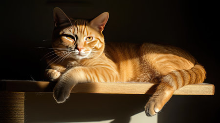 A serene portrait of an orange cat resting on a wooden shelf, bathed in soft sunlight, creating a tranquil ambiance perfect for pet lovers and cozy home themes.の素材