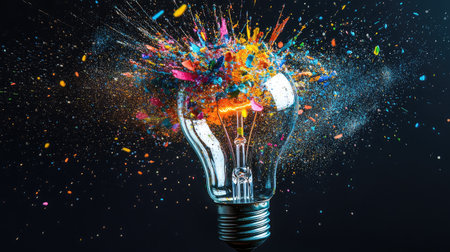 An eye-catching image depicting an explosion of colorful paint particles bursting from a light bulb, representing creativity and innovation against a dark background.の素材