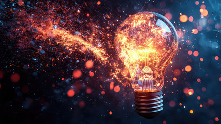 A stunning light bulb radiates vibrant sparks against a colorful bokeh background, symbolizing creativity and innovation in a dynamic and artistic composition.の素材