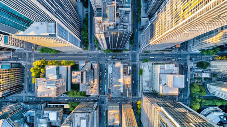 This stunning aerial photograph captures the dynamic essence of a vibrant urban city, showcasing a blend of modern architecture, green spaces, and busy streets.の素材