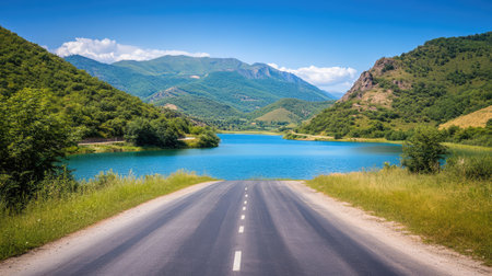 A captivating view featuring an open road leading to a stunning lake, surrounded by vibrant green hills and majestic mountains, creating a perfect outdoor escape.の素材