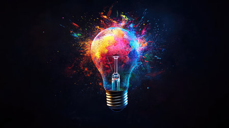 A stunning visual of a light bulb bursting with vibrant colors, representing creativity and innovative ideas in an artistic and abstract setting. Perfect for inspiration.の素材