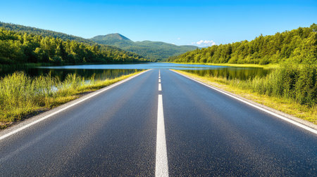 A stunning scene of a smooth road stretching alongside a calm lake surrounded by vibrant green forests and mountains under a clear blue sky, ideal for travel enthusiasts.の素材