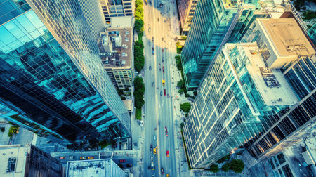 Stunning aerial view captures a vibrant urban landscape featuring modern skyscrapers, bustling roads, and vehicles moving below, reflecting contemporary city life.の素材