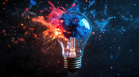 A captivating image depicting a light bulb with an explosion of colorful energy, set against a cosmic backdrop, symbolizing creativity and imagination.の素材