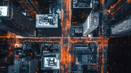 Experience a breathtaking aerial view of a vibrant urban intersection at night, where illuminated streets and towering buildings showcase the dynamic energy of city life.の素材