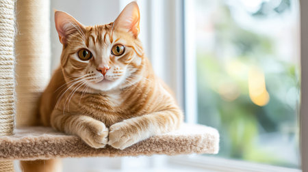 A charming ginger cat is lounging on a sunny perch, its relaxed demeanor captured beautifully. Ideal image for cat enthusiasts and animal photography lovers.の素材