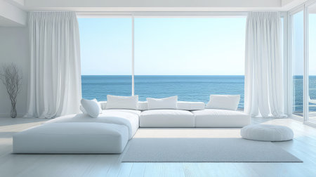 Bright and airy minimalist living room showcases white furniture and large windows that open to stunning ocean views, creating a serene and tranquil atmosphere.の素材