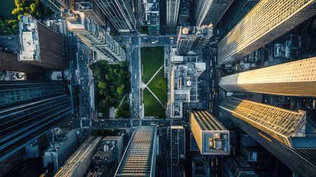 Captivating aerial perspective featuring a lush green park nested among towering skyscrapers in a bustling urban environment during golden hour, showcasing vibrant contrasts.の素材