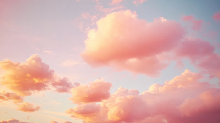 A breathtaking view of a serene sunset sky adorned with soft pastel clouds, merging gentle hues of pink and blue, creating a peaceful atmosphere in nature's evening display.の素材