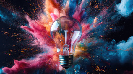 A captivating image showcasing a glowing light bulb surrounded by a vibrant explosion of colorful smoke, symbolizing creativity and energy in a visually striking abstract scene.の素材
